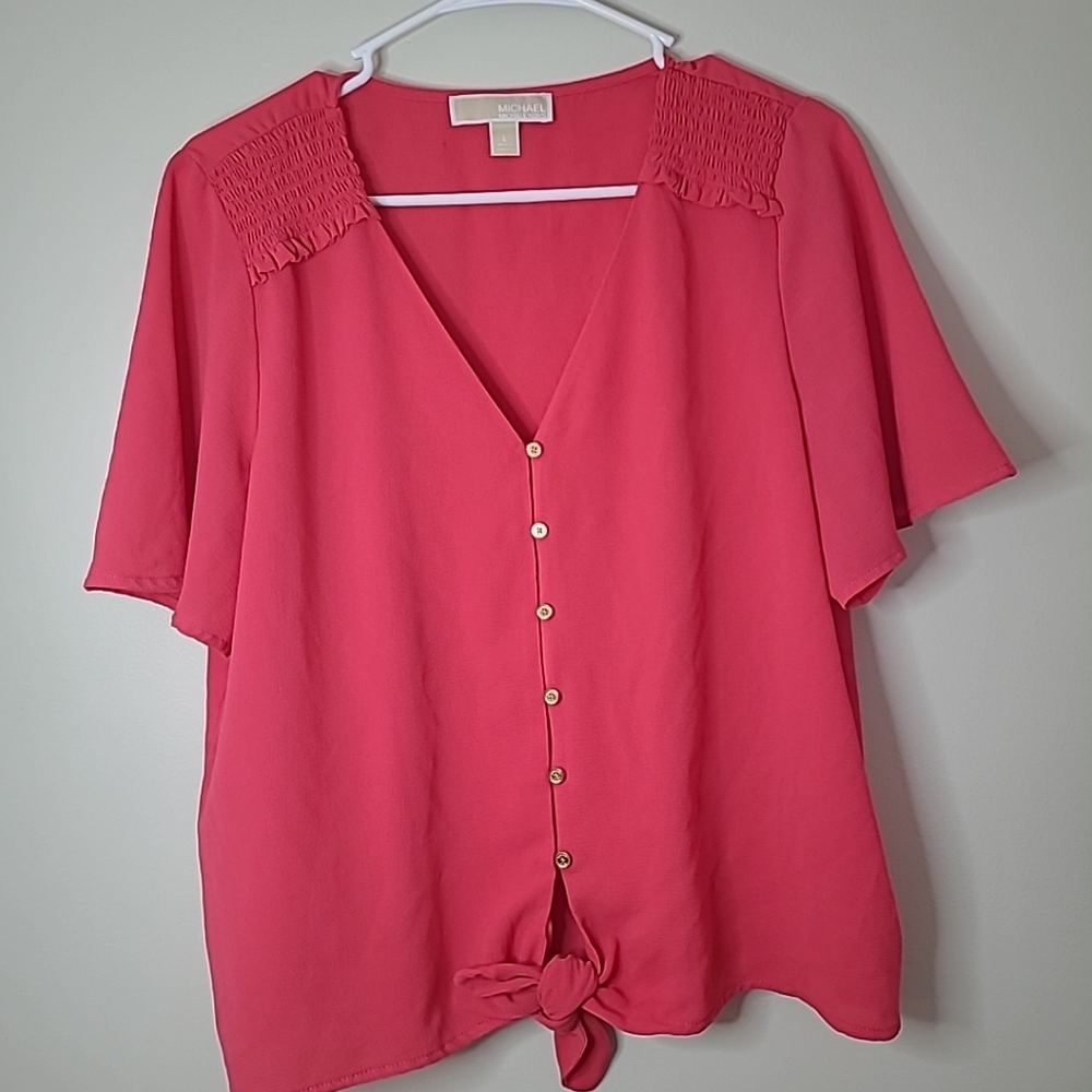 Womens Size Large Michael Kors Short Sleeve Blouse Dark Pink Button Down